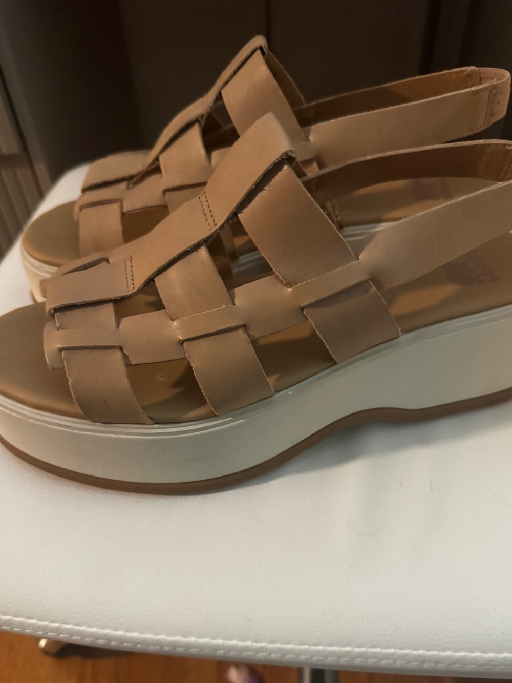 Sorel Woven Leather Platform Slingback Sandals in Tan